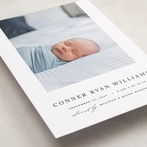 This is a onyx grand birth announcements with standard by Pixel and Hank called dreamer printing on recycled smooth signature in grand