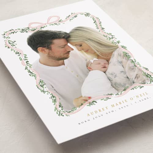 This is a blush grand birth announcements with standard by Itsy Belle Studio called ribbonly frame printing on recycled smooth signature in grand