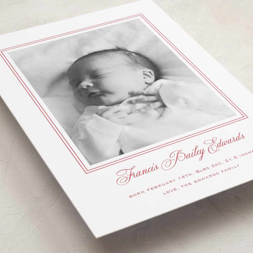 This is a strawberry grand birth announcements with standard by Carolyn MacLaren called preppy cloud printing on recycled smooth signature in grand