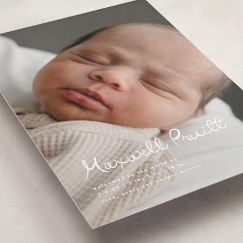 This is a snow grand birth announcements with standard by Lauren Chism called written whimsy printing on recycled smooth signature in grand