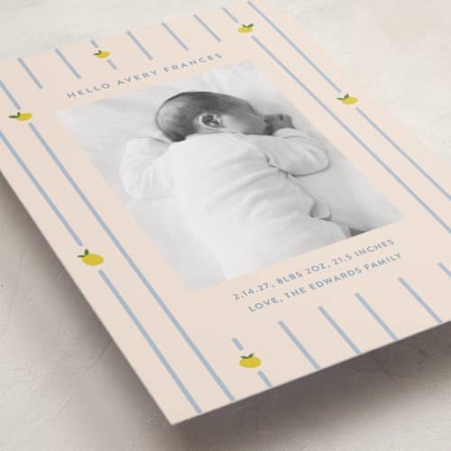 This is a carribean grand birth announcements with standard by Carolyn MacLaren called lemon stripes printing on recycled smooth signature in grand