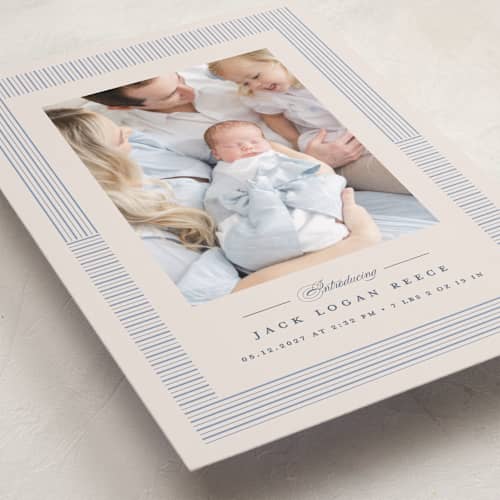 This is a cornflower grand birth announcements with standard by Erica Krystek called petite pinstripe printing on recycled smooth signature in grand