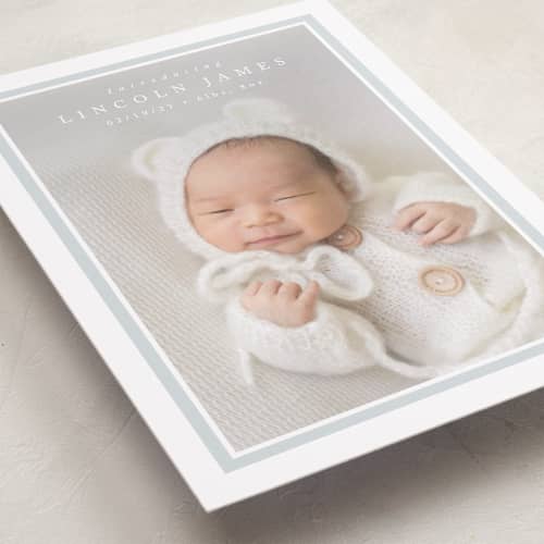 This is a soft sky grand birth announcements with standard by Olivia Raufman called tailored frame printing on recycled smooth signature in grand