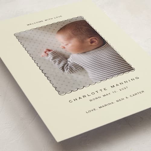 This is a buttercream grand birth announcements with standard by Ani Somi called petal frame printing on recycled smooth signature in grand