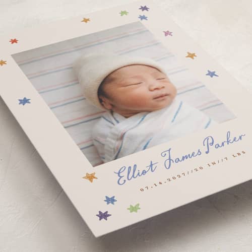 This is a rainbow grand birth announcements with standard by Maja Cunningham called starlight printing on recycled smooth signature in grand