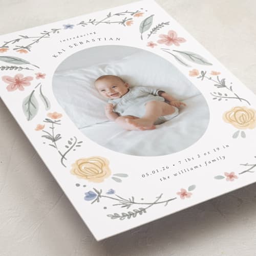 This is a meadow grand birth announcements with standard by Emily Sabol Goss called le jardin printing on recycled smooth signature in grand