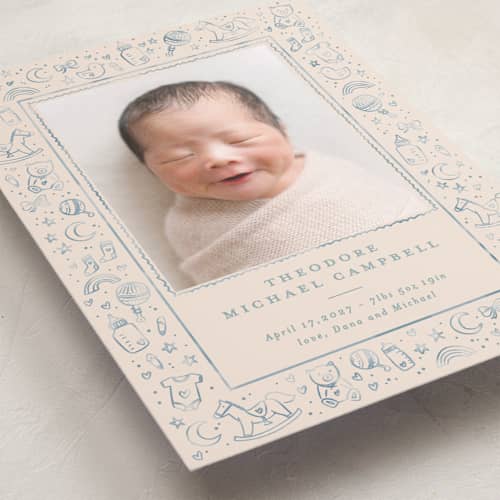 This is a bluebird grand birth announcements with standard by Creo Study called iconic bebe printing on recycled smooth signature in grand