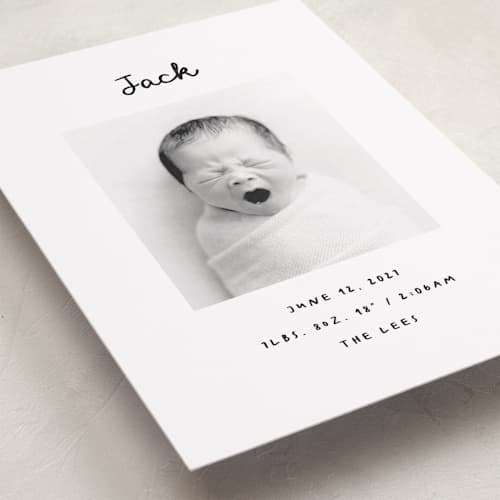 This is a snow grand birth announcements with standard by AK Graphics called cursive printing on recycled smooth signature in grand