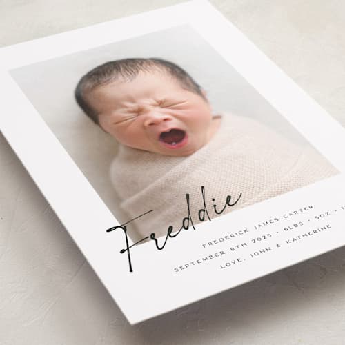 This is a dove grand birth announcements with standard by Paula Pecevich called nickname printing on recycled smooth signature in grand