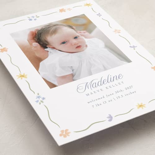 This is a bouquet grand birth announcements with standard by Robert and Stella called petite garden printing on recycled smooth signature in grand