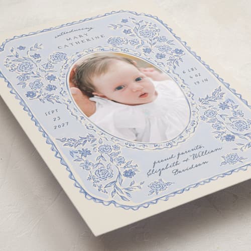This is a delft grand birth announcements with standard by Grae called porcelain and lace printing on recycled smooth signature in grand
