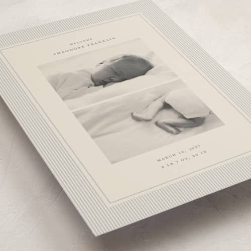 This is a powder grand birth announcements with standard by Ellen Schlegelmilch called pinstripe printing on recycled smooth signature in grand