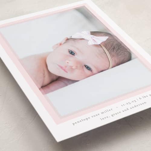 This is a blush grand birth announcements with standard by Lauren Chism called cotton candy printing on recycled smooth signature in grand
