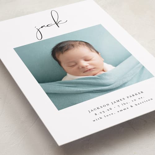 This is a midnight grand birth announcements with standard by Lehan Veenker called just me printing on recycled smooth signature in grand