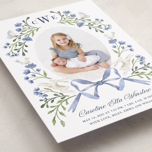 This is a bluebell grand birth announcements with standard by Alice Nelen called floral forest friends printing on recycled smooth signature in grand