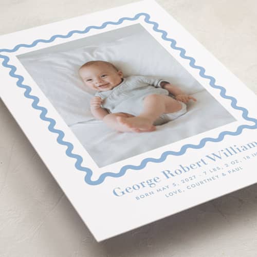 This is a bluebell grand birth announcements with standard by Megan Davis called ric rac printing on recycled smooth signature in grand