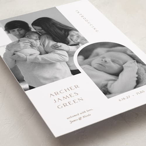 This is a cotton grand birth announcements with standard by Robin Ott called modern inset printing on recycled smooth signature in grand