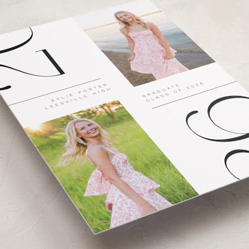 This is a pearl graduation announcements with standard by David Michuki called trim edges printing on recycled smooth signature in grand