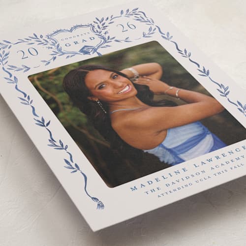 This is a indigo graduation announcements with standard by Petra Kern called grad crest printing on recycled smooth signature in grand