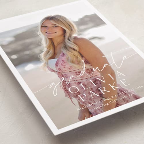 This is a snow graduation announcements with standard by Sarah Curry called graduate script printing on recycled smooth signature in grand