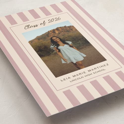 This is a blush graduation announcements with standard by Ani Somi called grad stripes printing on recycled smooth signature in grand