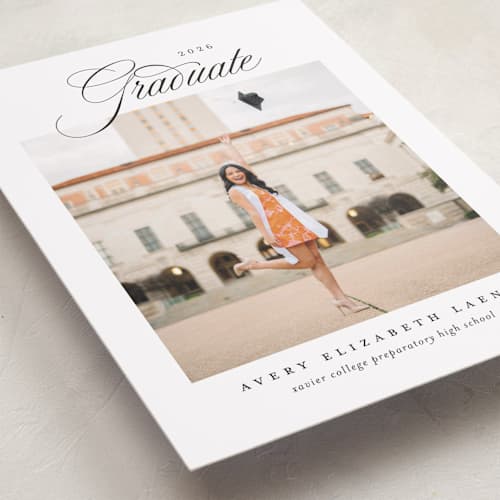 This is a swan graduation announcements with standard by Jennifer Postorino called classical grad printing on recycled smooth signature in grand