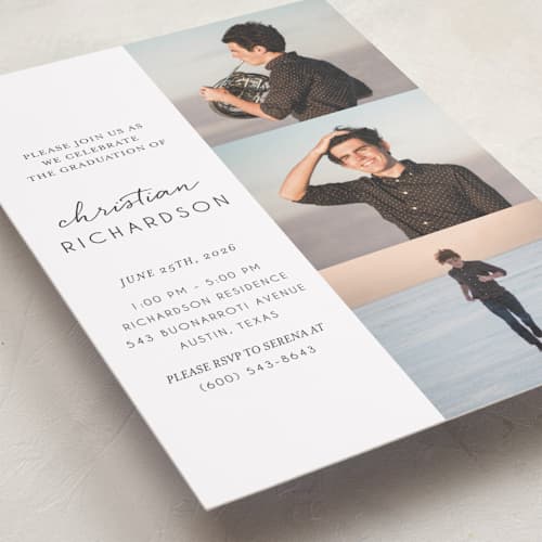 This is a snow graduation invitations with standard by Deynaaz Daraei called patchwork printing on recycled smooth signature in grand