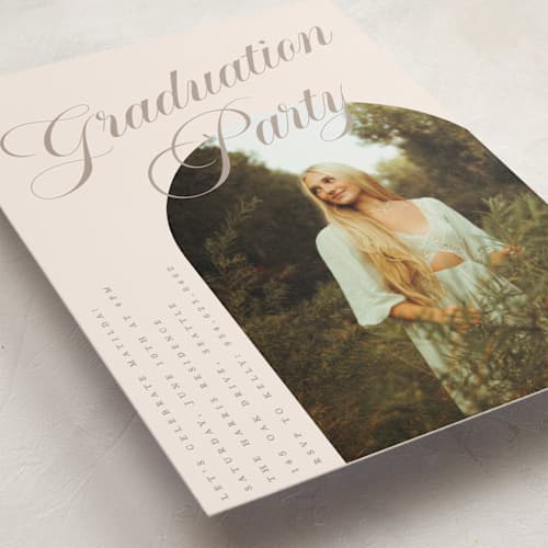 This is a almond graduation invitations with standard by Morgan Kendall called modern curves printing on recycled smooth signature in grand
