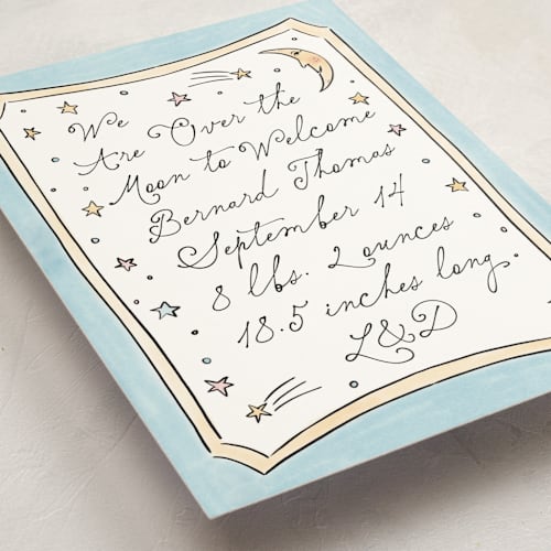 This is a sky grand birth announcements with standard by Ashlee Townsend called over the moon and back printing on signature in grand