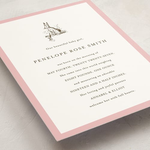 This is a blush grand birth announcements with standard by Megan Davis called classic bunny printing on signature in grand