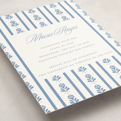 This is a provincial blue graduation announcements with standard by Erin German called sweet garden printing on signature in grand