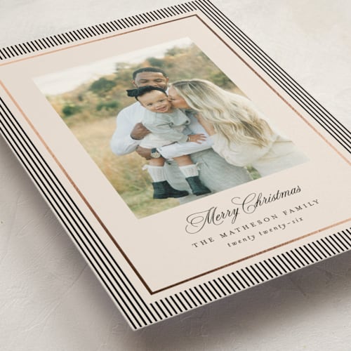 This is a linen foil stamped holiday cards with foil pressed by Kelly Schmidt called striped elegance printing on signature in grand
