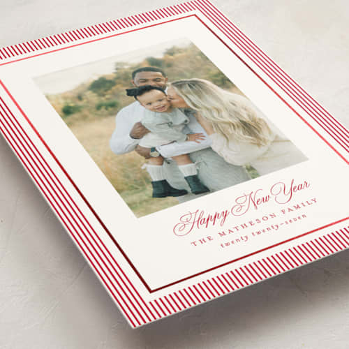This is a berry foil stamped holiday cards with foil pressed by Kelly Schmidt called striped elegance printing on signature in grand