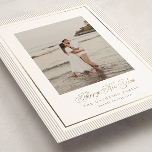 This is a tinsel foil stamped holiday cards with foil pressed by Kelly Schmidt called striped elegance printing on signature in grand
