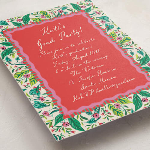 This is a peony graduation invitations with standard by Jackie Crawford called whimsical hand illustrated crest printing on signature in grand
