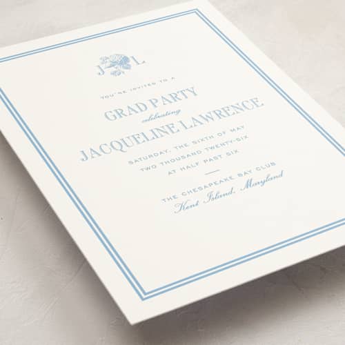 This is a sky blue graduation invitations with standard by Megan Davis called chesapeake printing on signature in grand