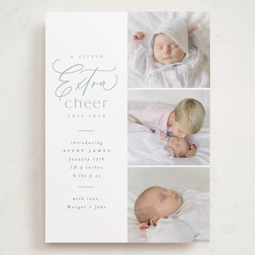 This is a mint babys first christmas with standard by Everett Paper Goods called extra cheer here printing on recycled smooth signature in grand