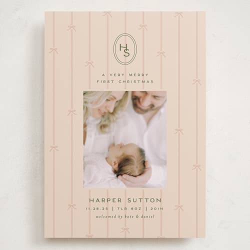 This is a blush babys first christmas with standard by Ellen Schlegelmilch called first christmas monogram printing on recycled smooth signature in grand