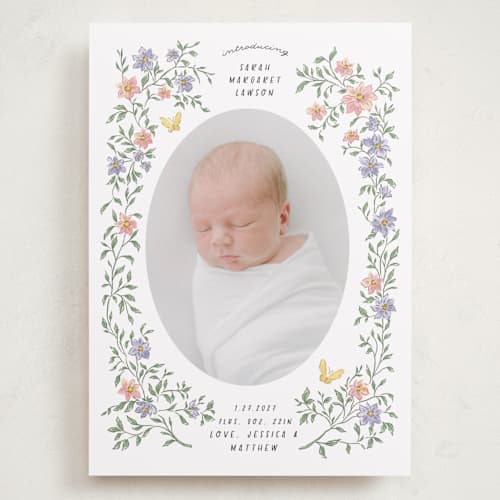 This is a garden grand birth announcements with standard by Grae called tiny flowers printing on recycled smooth signature in grand