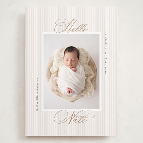 This is a sand grand birth announcements with standard by Gwen Bedat called sweet stripes printing on recycled smooth signature in grand