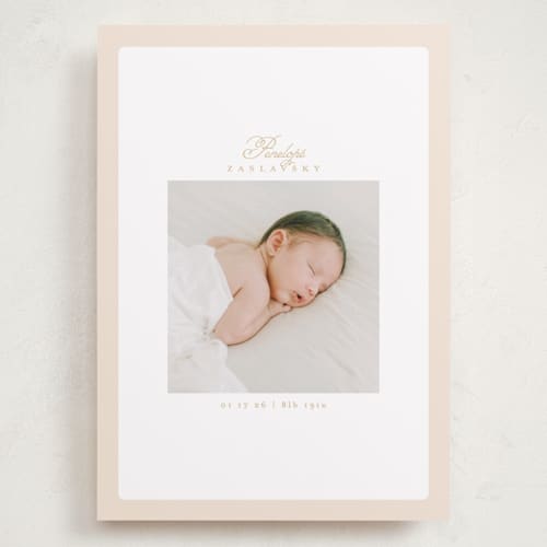 This is a peachy grand birth announcements with standard by Phrosné Barwood called soft frame printing on recycled smooth signature in grand