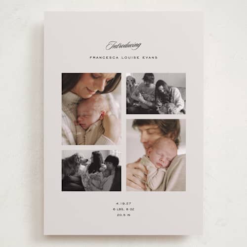 This is a parchment grand birth announcements with standard by Lea Delaveris called story printing on recycled smooth signature in grand