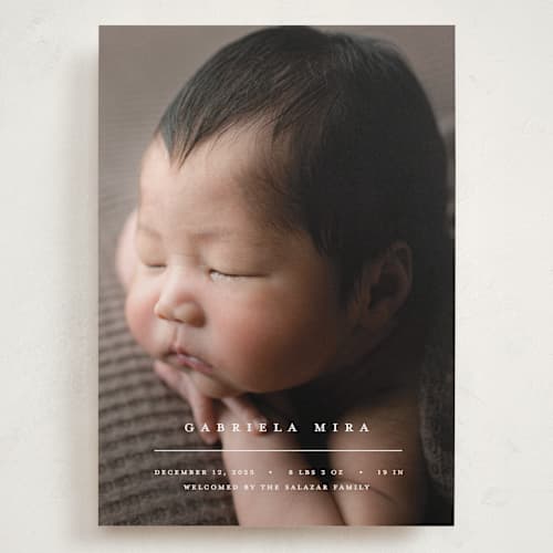 This is a vanilla grand birth announcements with standard by Pixel and Hank called primary printing on recycled smooth signature in grand