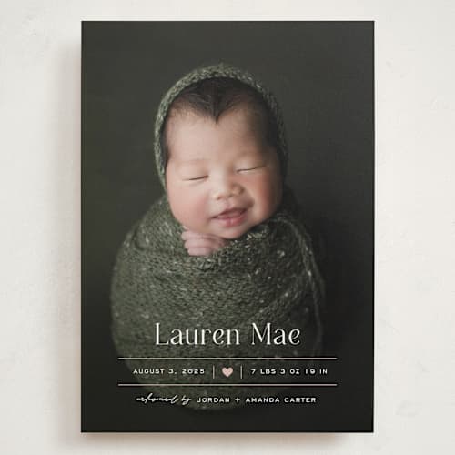 This is a blush grand birth announcements with standard by Pixel and Hank called heart printing on recycled smooth signature in grand