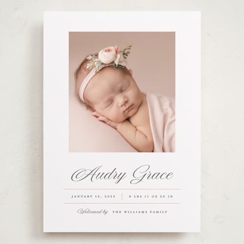 This is a peony grand birth announcements with standard by Pixel and Hank called elegance printing on recycled smooth signature in grand
