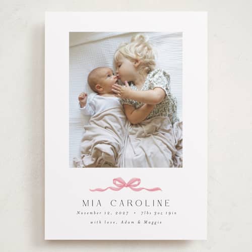 This is a cotton candy grand birth announcements with standard by Paula Pecevich called sweet bow printing on recycled smooth signature in grand