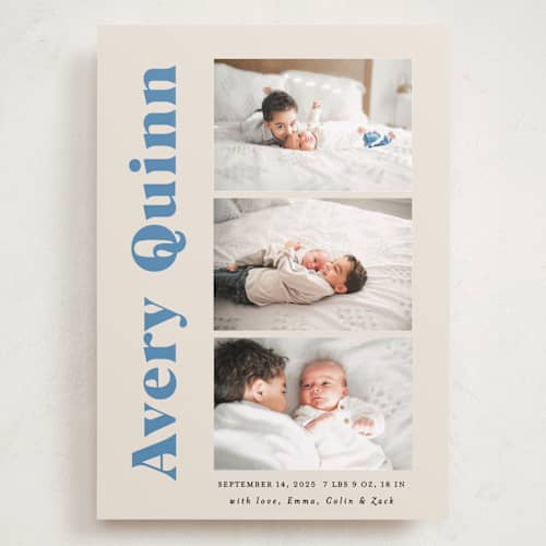 This is a blueberry grand birth announcements with standard by Benita Crandall called moderne bébé printing on recycled smooth signature in grand