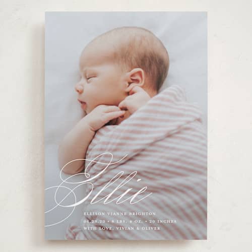 This is a sugar grand birth announcements with standard by Jessica Williams called precious script printing on recycled smooth signature in grand