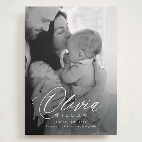 This is a cloud grand birth announcements with standard by Everett Paper Goods called serenity printing on recycled smooth signature in grand