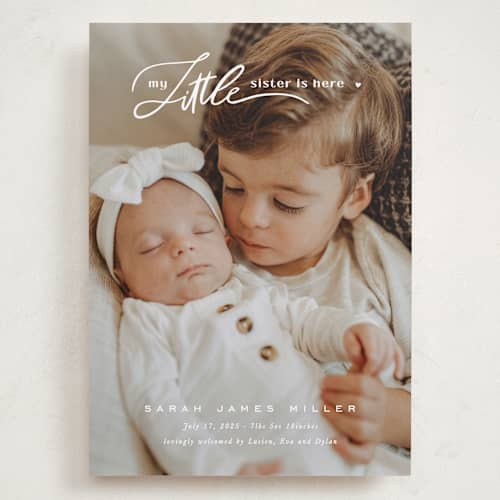 This is a cotton grand birth announcements with standard by Creo Study called sibling intro printing on recycled smooth signature in grand